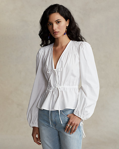 Smocked Drawstring-Peplum Cotton Top