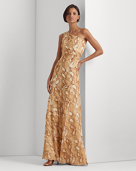 Print Georgette One-Shoulder Gown