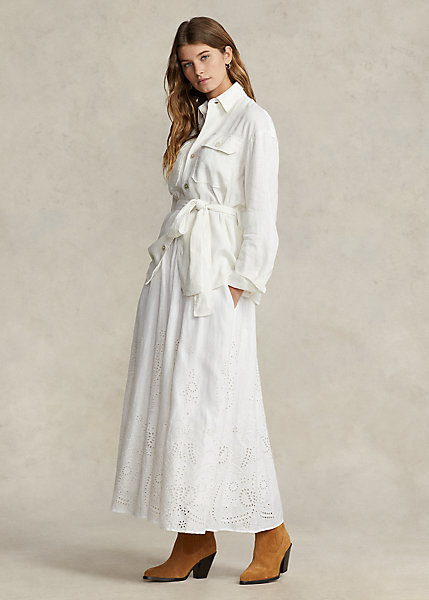 Eyelet Linen Midi Skirt