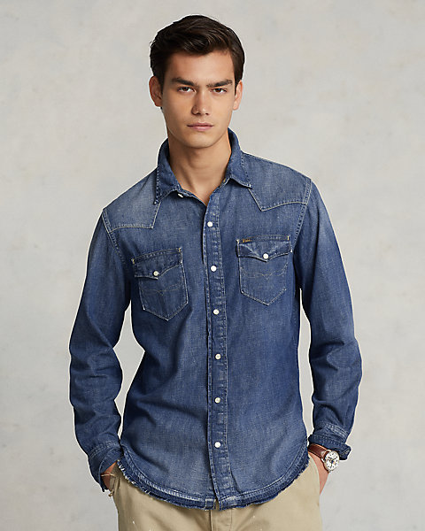 Frayed-Hem Denim Western Shirt