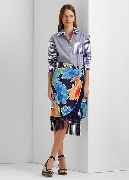 Fringe-Trim Floral Crepe Skirt