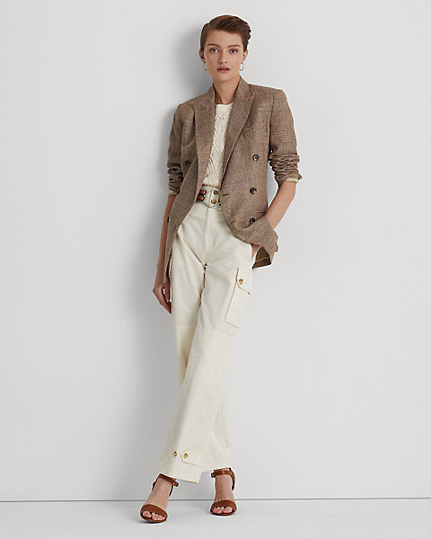 Glen Plaid Linen Double-Breasted Blazer