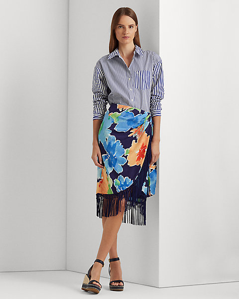 Fringe-Trim Floral Crepe Skirt