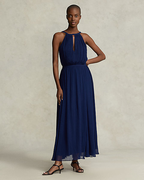 Crinkled Georgette Halter Gown