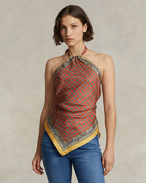 Scarf-Motif Mulberry Silk Halter Top