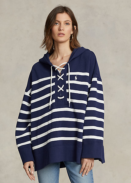 Striped Lace-Up Fleece Pullover