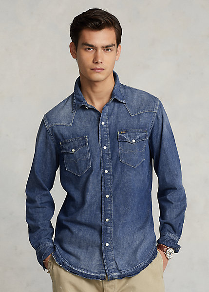 Frayed-Hem Denim Western Shirt