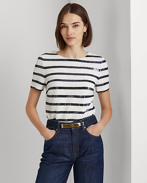 Striped Sequined Short-Sleeve Blouse