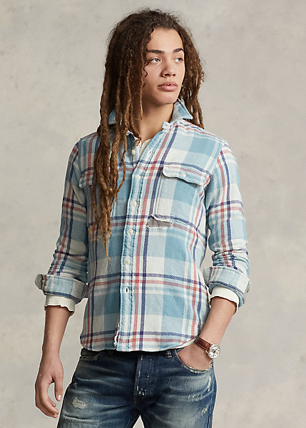 Classic Fit Distressed Plaid Shirt