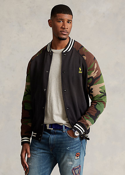 Camo-Sleeve Fleece Baseball Jacket