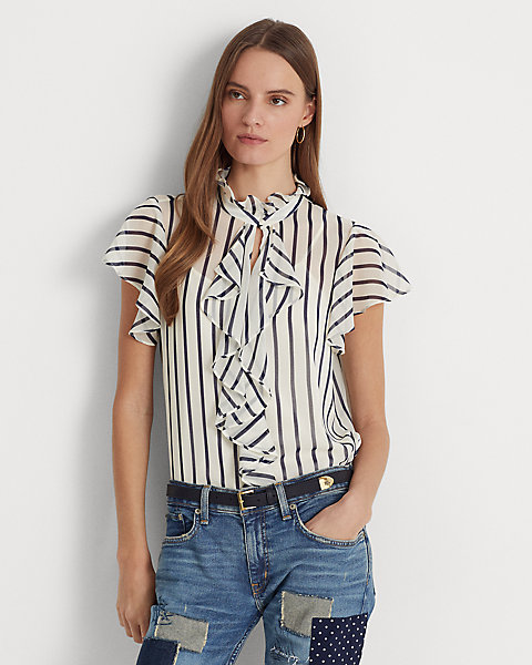 Striped Ruffle-Trim Chiffon Blouse