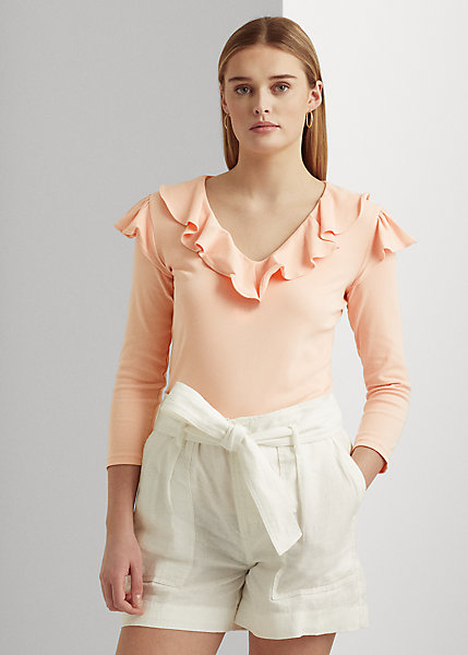 Ruffle-Trim Stretch Cotton V-Neck Top