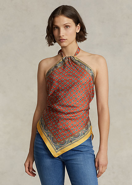Scarf-Motif Mulberry Silk Halter Top
