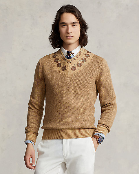 Argyle-Trim Linen-Silk Cricket Sweater