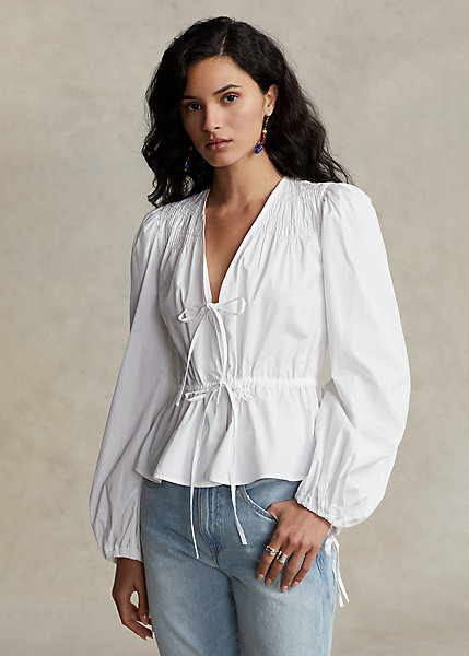 Smocked Drawstring-Peplum Cotton Top