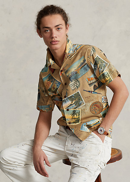 Classic Fit Postcard-Print Chino Shirt