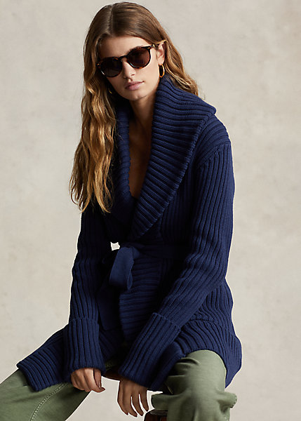 Rib-Knit Shawl-Collar Cotton Cardigan