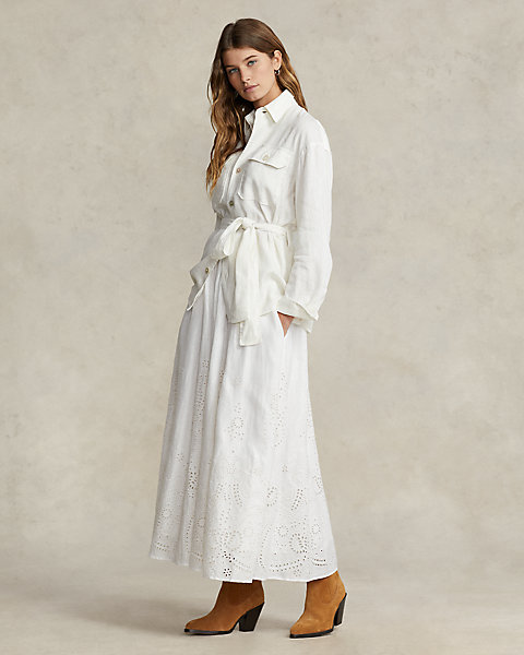 Eyelet Linen Midi Skirt