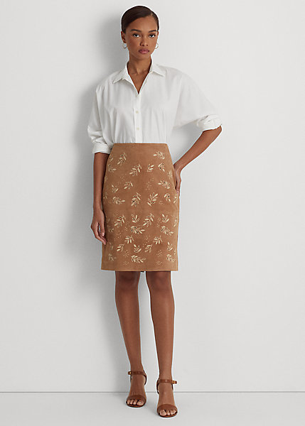 Embroidered Suede Pencil Skirt