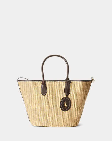 Leather-Trim Straw Medium Bellport Tote