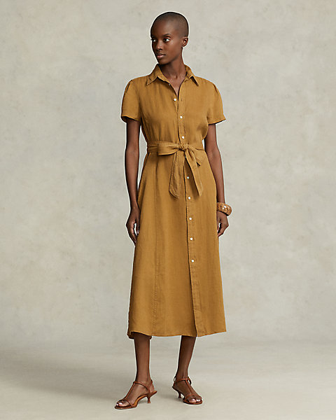 Belted Linen Short-Sleeve Shirtdress