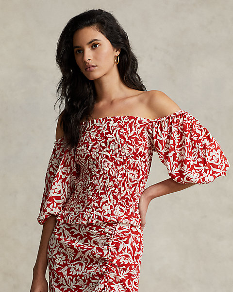 Floral Blouson-Sleeve Smocked Crepe Top