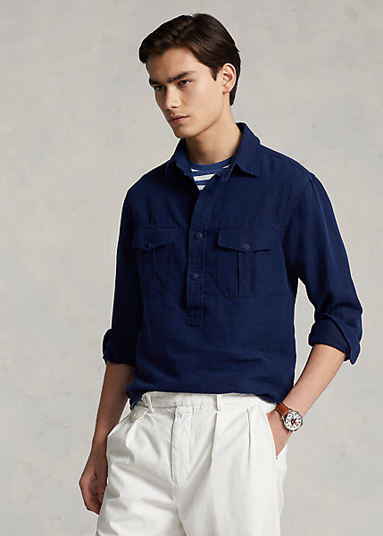 Classic Fit Linen-Silk Popover Shirt