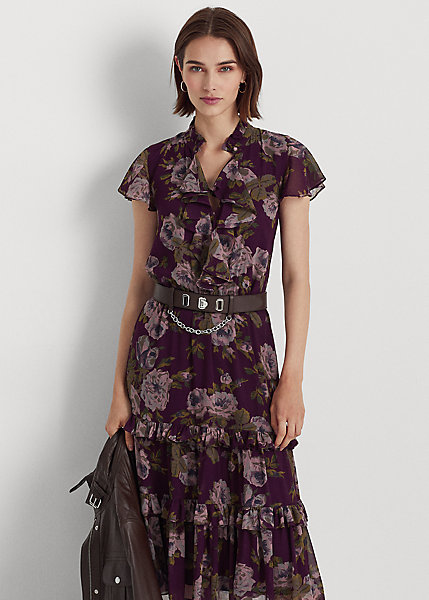 Floral Belted Crinkle Georgette Dress