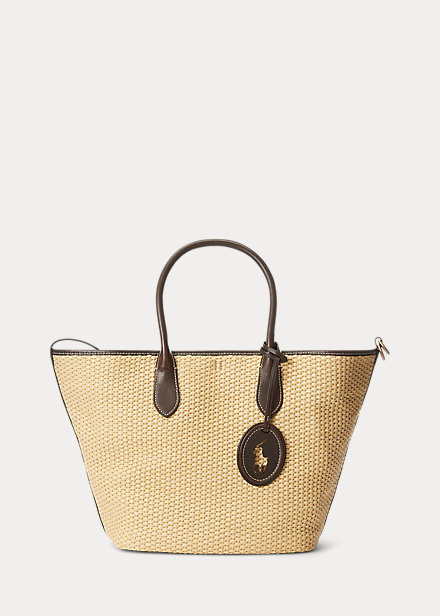 Leather-Trim Straw Medium Bellport Tote
