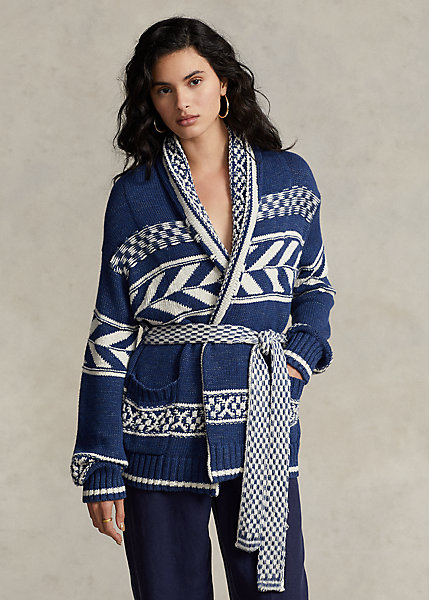 Geo-Stripe Cotton-Linen Cardigan