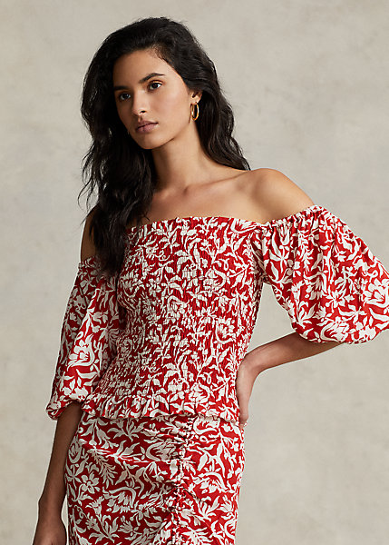 Floral Blouson-Sleeve Smocked Crepe Top