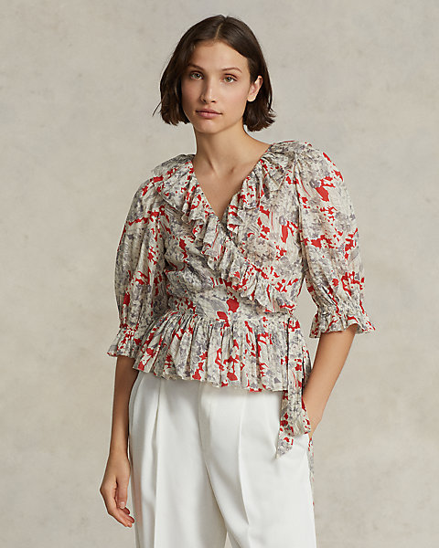 Ruffled Floral Cotton Wrap Top