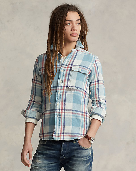 Classic Fit Distressed Plaid Shirt