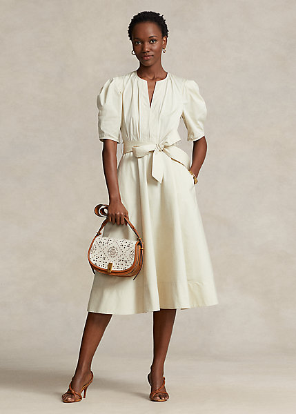 Belted Cotton Puffed-Sleeve Midi Dress