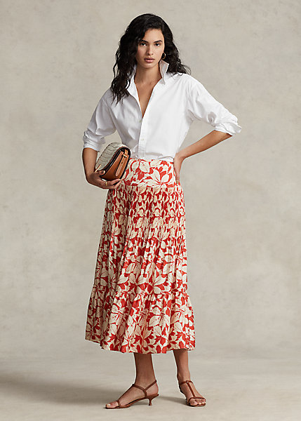Print Satin Pleated A-Line Midi Skirt