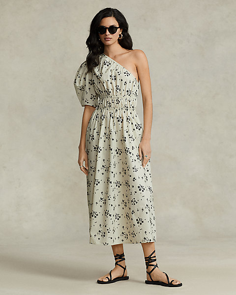 Floral Asymmetrical Shirred Poplin Dress