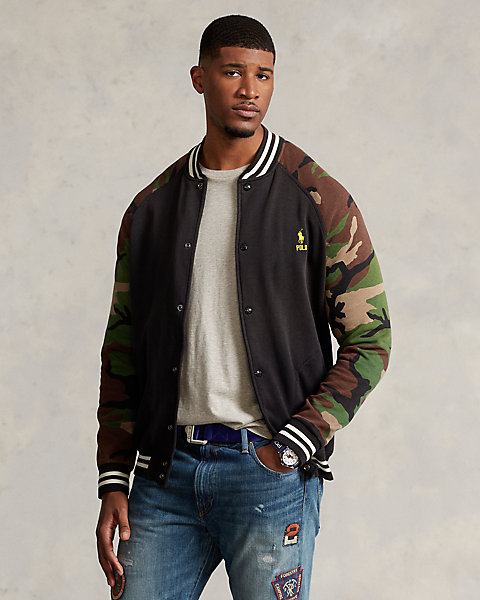 Camo-Sleeve Fleece Baseball Jacket