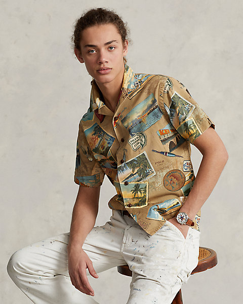 Classic Fit Postcard-Print Chino Shirt