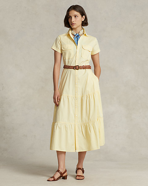 Belted Tiered Cotton Shirtdress