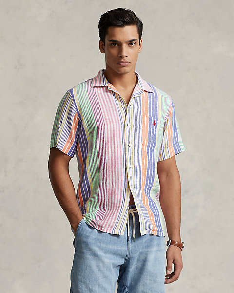 Classic Fit Striped Linen Camp Shirt