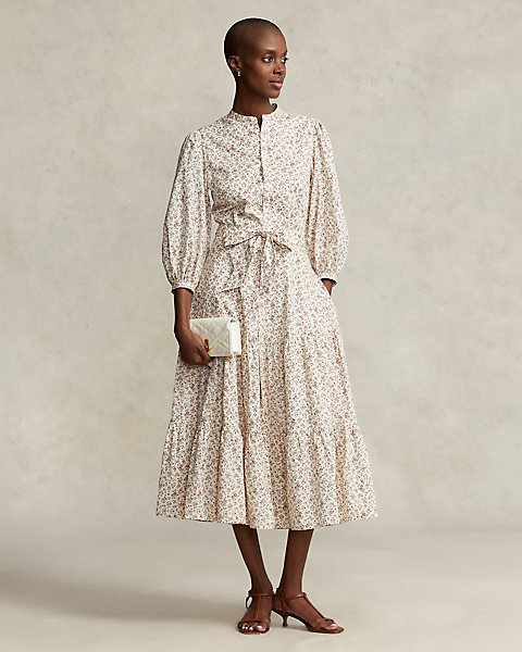 Belted Floral Cotton Tiered Dress