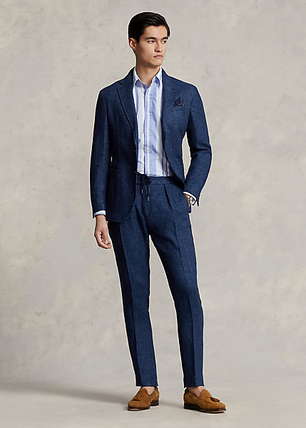 Pleated Linen Herringbone Suit Trouser