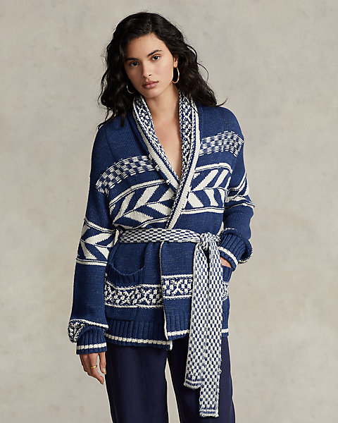 Geo-Stripe Cotton-Linen Cardigan