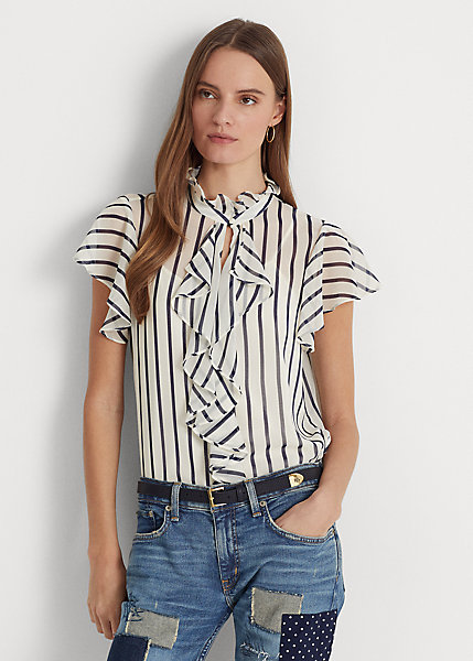 Striped Ruffle-Trim Chiffon Blouse