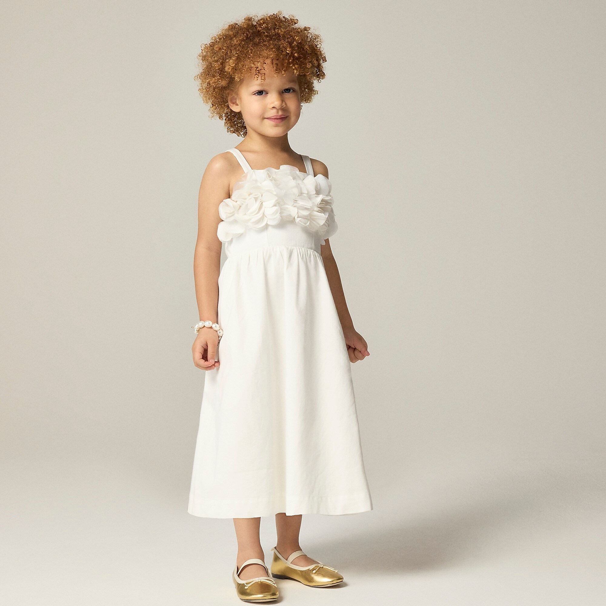 Girls' floral appliqué midi dress in sateen cotton-Ivory