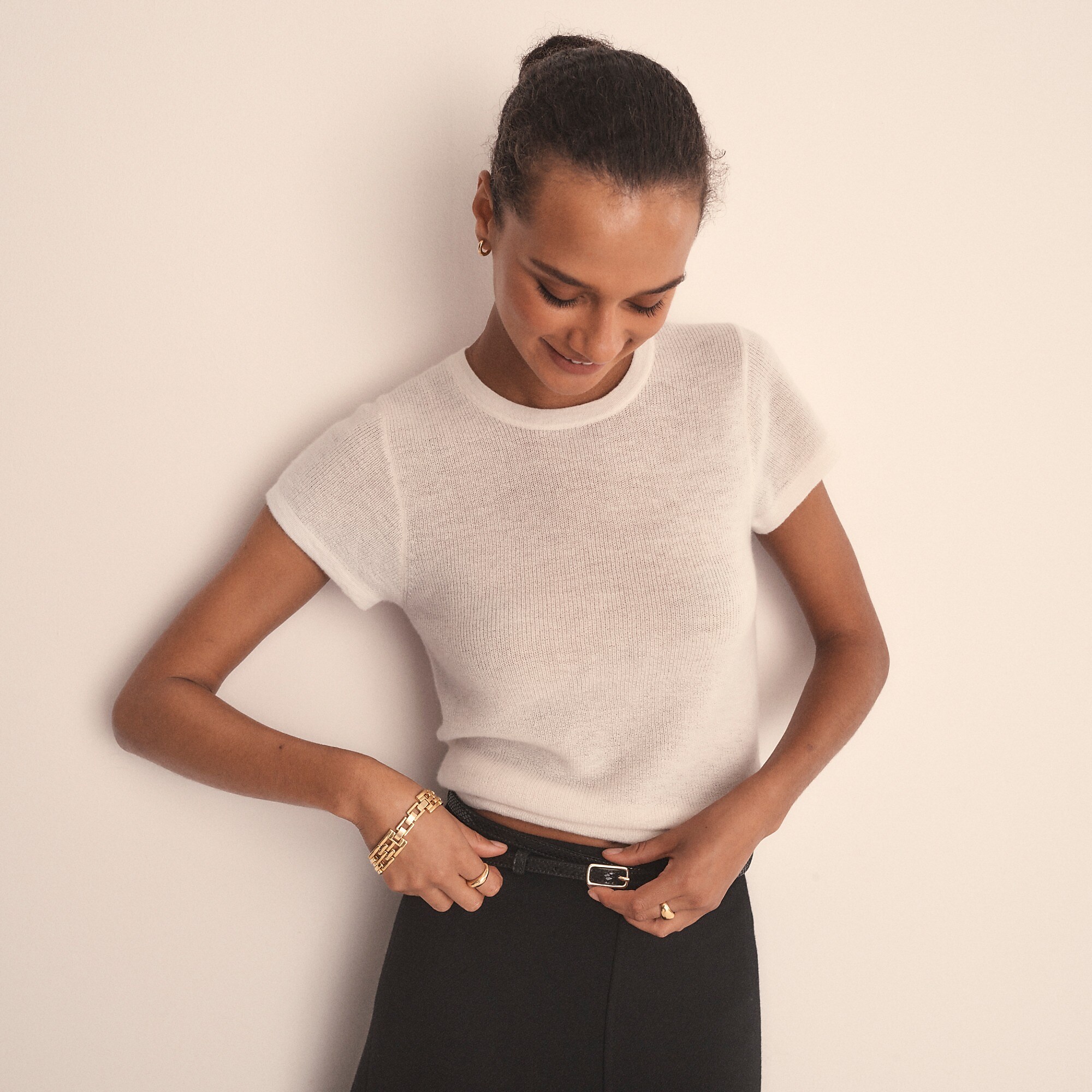 Ribbed featherweight cashmere T-shirt-Snow