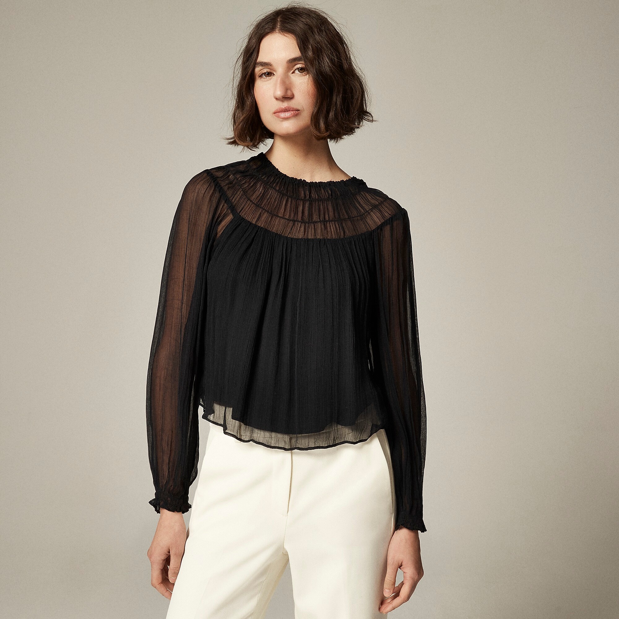 Drapey shirred top in crinkle cupro-Black