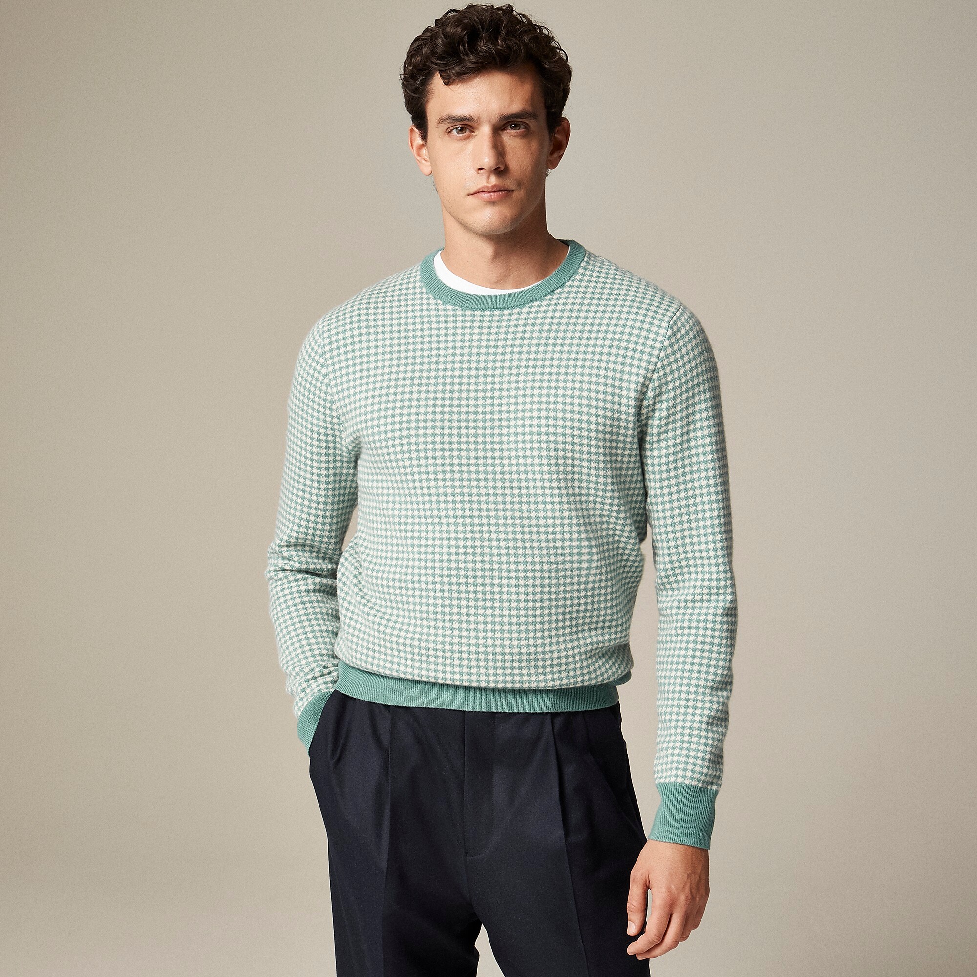Cashmere crewneck sweater in houndstooth-Eucalyptus Ivory Hounds
