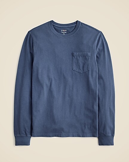 Long-sleeve vintage-wash cotton pocket T-shirt-Navy