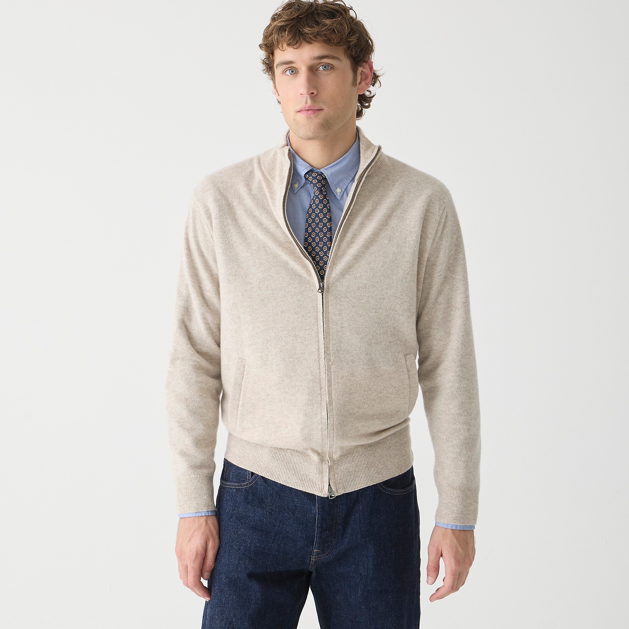 Cashmere full-zip sweater-Hthr Birch